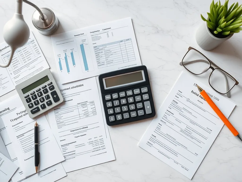 A clean organized desk with financial paperwork and a calcul
