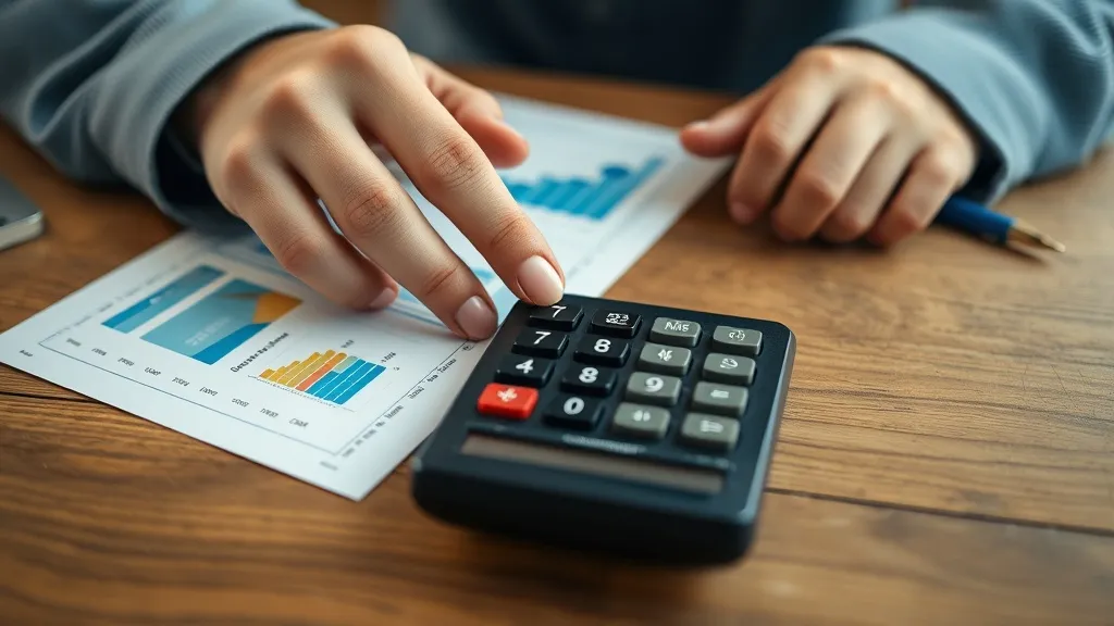 A close up of someone using a simple calculator on a wooden