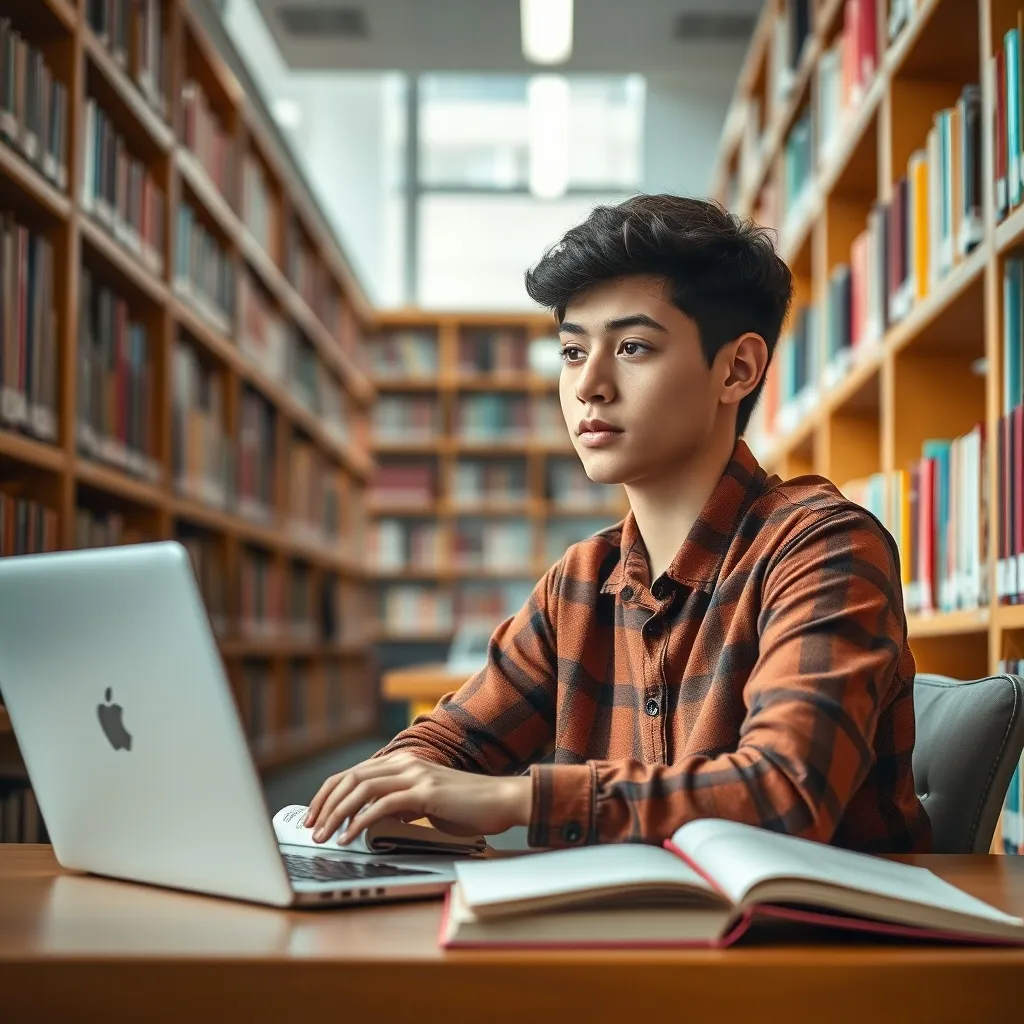 A focused young student studying in a bright library with bo