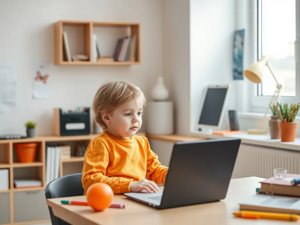 A minimalist, bright workspace with a child