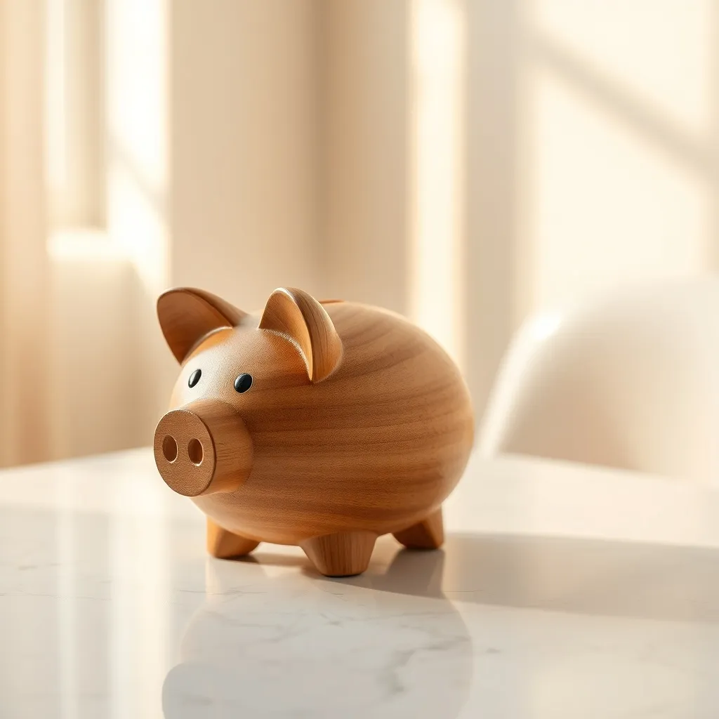 A close-up of a wooden piggy bank on a clean white marble ta