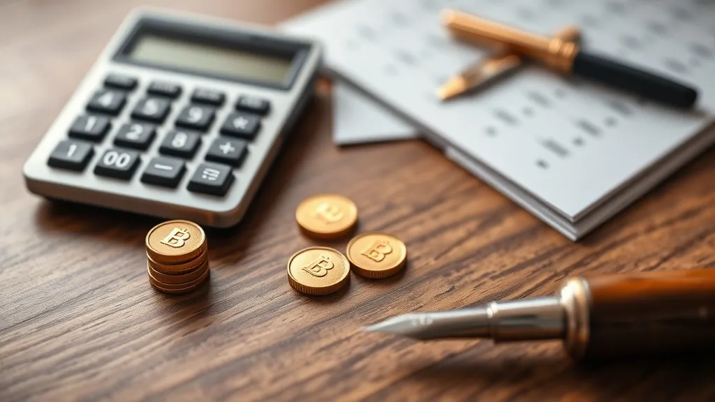 A close-up of a wooden desk with a calculator, a fountain pe