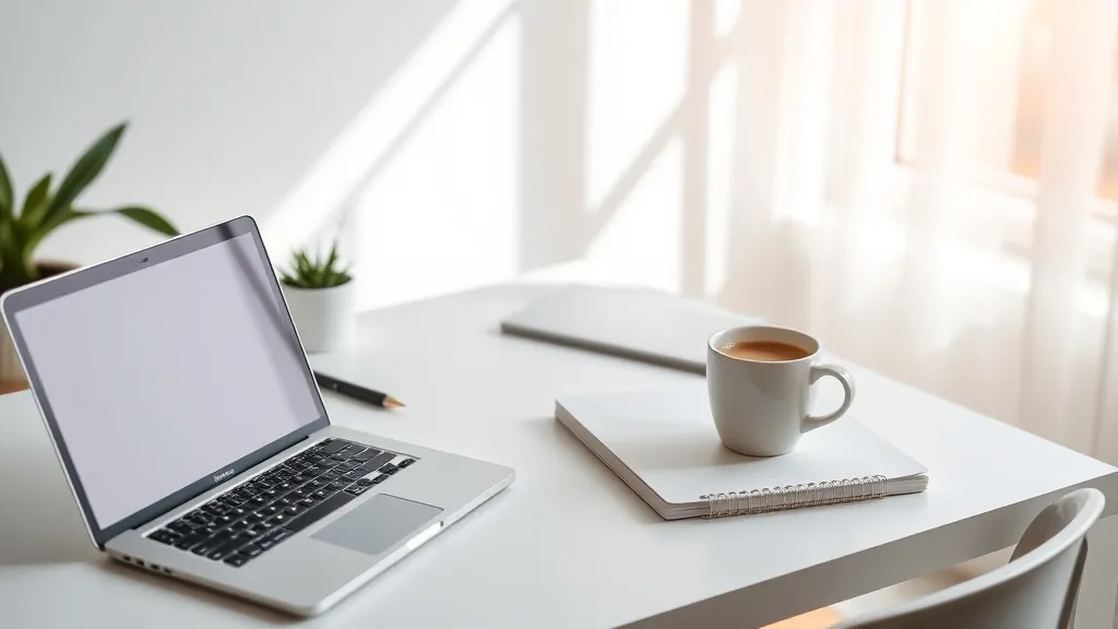 A clean, organized desk with a laptop, a notebook, and a cup