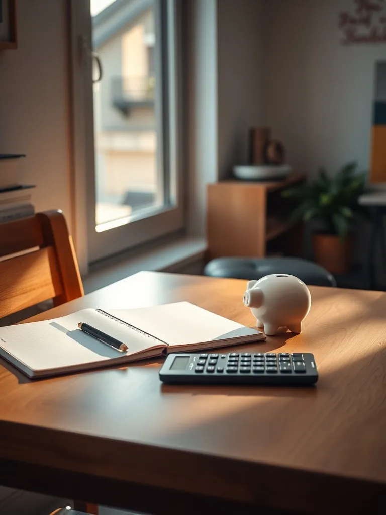 A cozy desk with a notebook, a calculator, and a small piggy